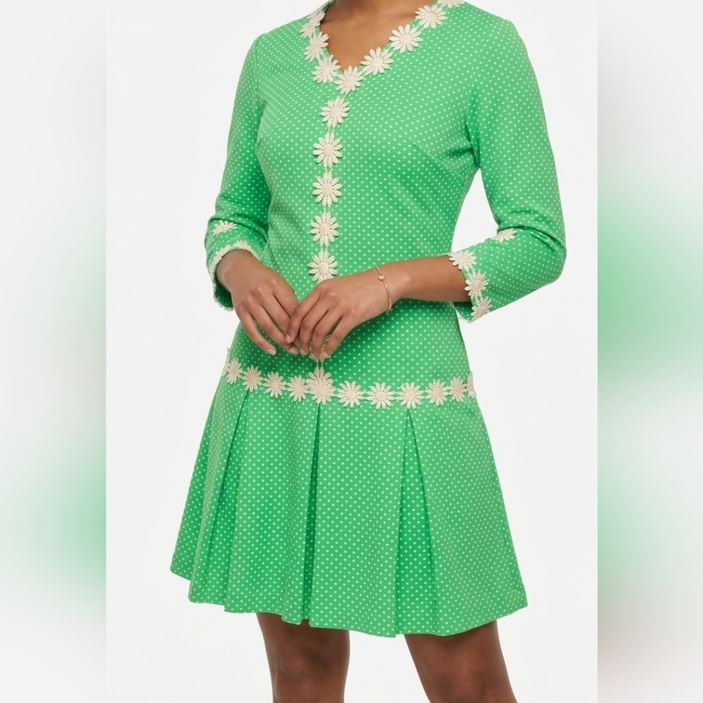 ❤️Vintage Mod 1960s Neon Green Flower Power Dress Groovy 70s